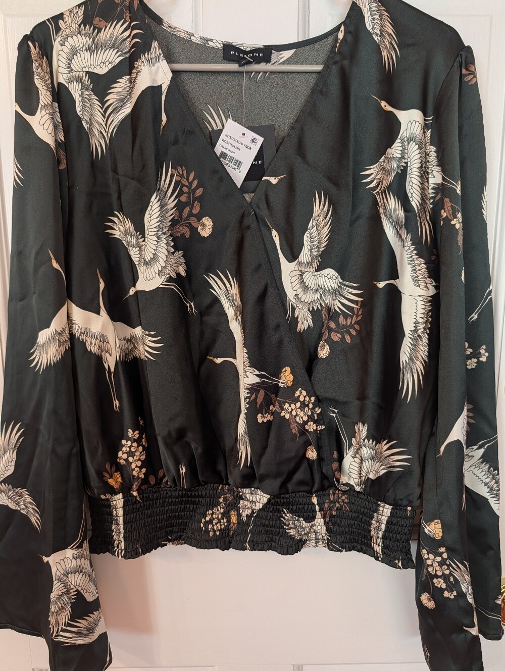 NWT Pleione Crane Print Faux Wrap Blouse Women's XL Kimono Sleeve Top